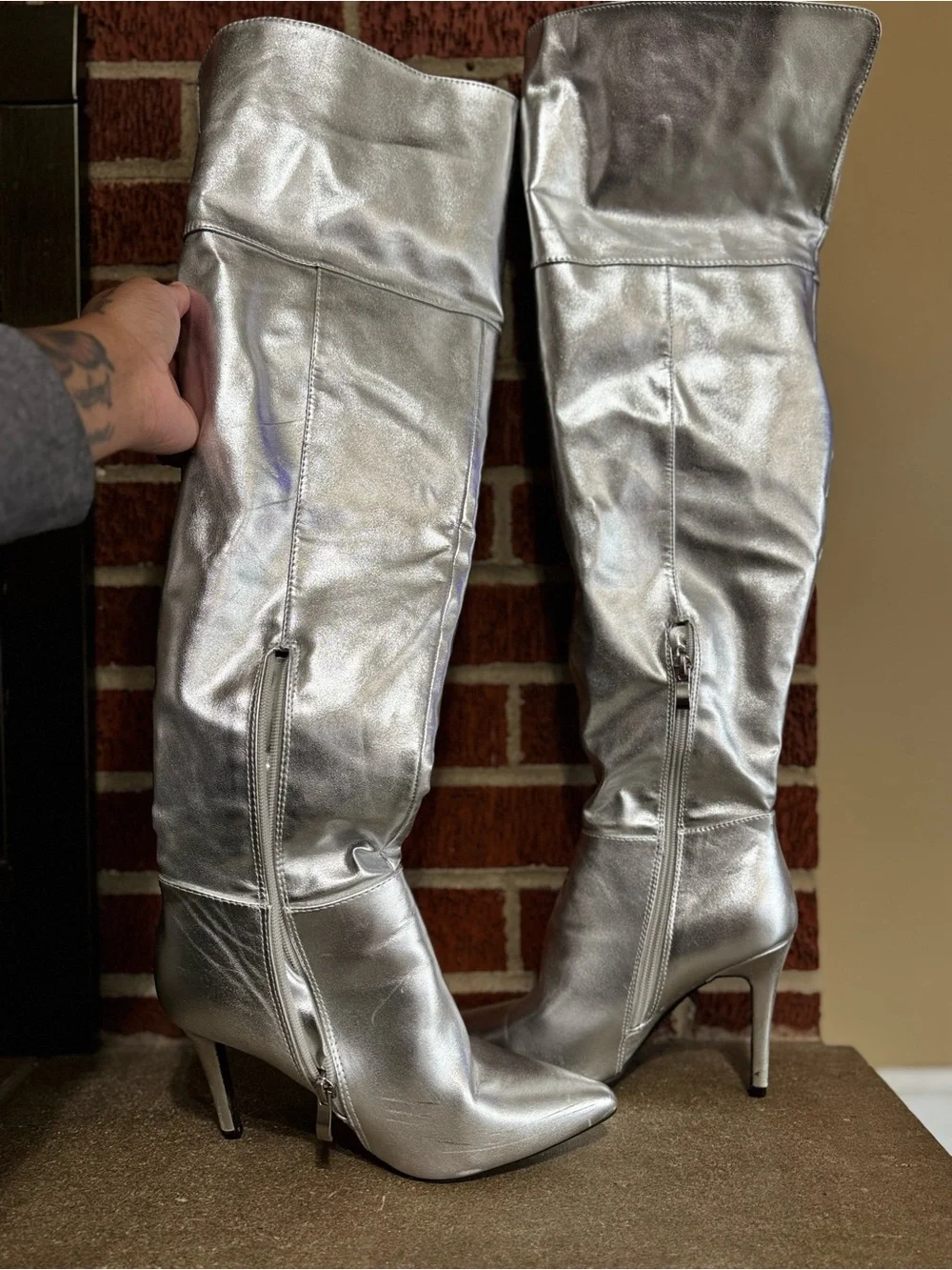 Silver Metallic Knee-High Stiletto Boots - Women's